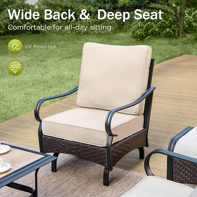 Patio Furniture Set with 56" Fire Pit Table, Premium Outdoor Wicker Metal Frame Furniture with Upgraded Waterproof Thick Cushions for Porch, Poolside, Deck, and Yard