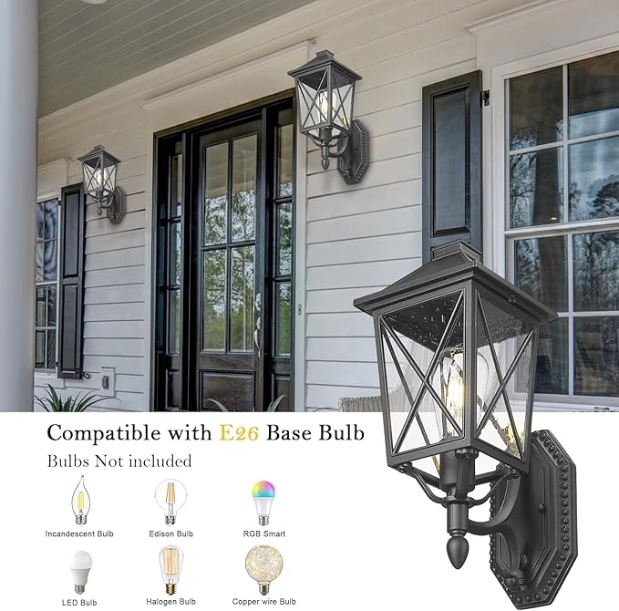 Darkaway Outdoor Wall Light Fixture,Outside Porch Lights Wall Mounted Seeded Glass Exterior Waterproof Lantern Modern E26 Socket Wall Sconce Lighting for Front Door Yard Patio