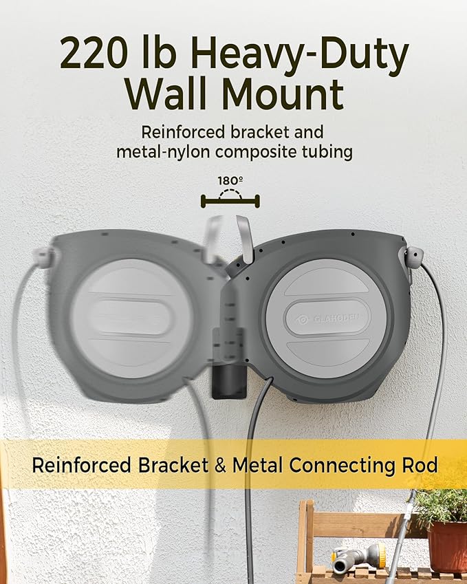 Retractable Garden Hose Reel 1/2 in x 100 ft Upgraded UV Resistant Heavy Duty Automatic Hose Reel Wall Mount 3/4 in Brass Fitting 9 Pattern Nozzle Any Length Lock Slow Retraction 180° Swivel