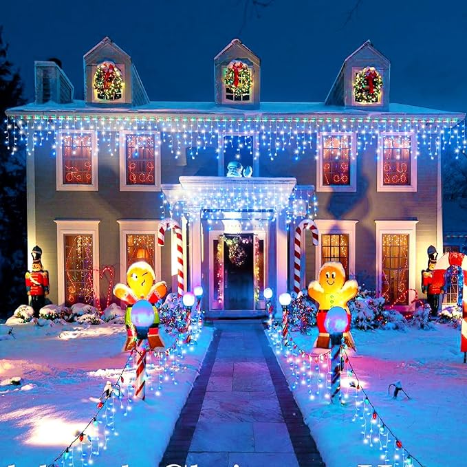 Icicle Lights for Outside, 33FT 400 LED Christmas Lights Outdoor with Waterproof 8 Modes, Plug in Connectable String Twinkle Light for Indoor Home Roof Window Garden Wedding Decorations, Blue White