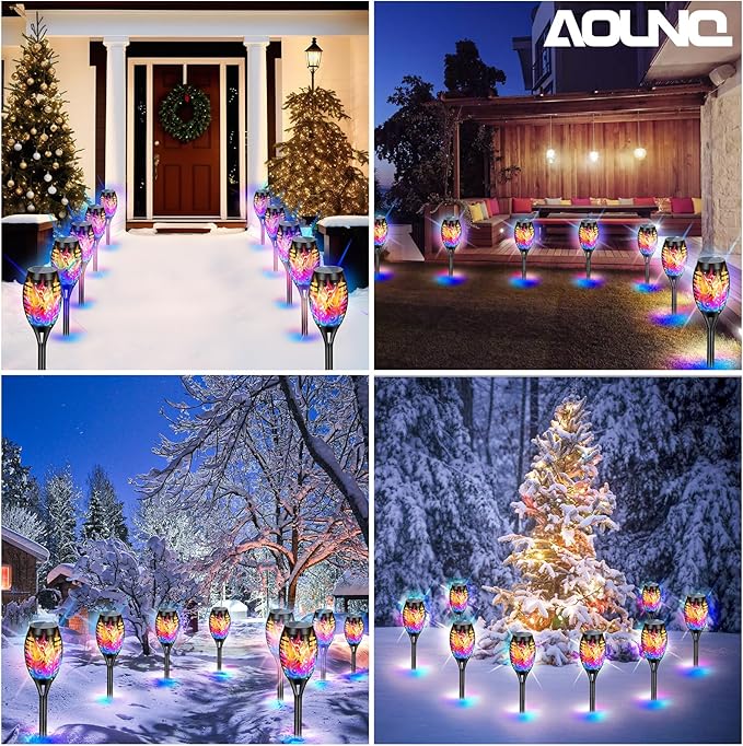 12 Pack Solar Torch Lights Outdoor Waterproof - Multicolor Flickering Flame, Outdoor Solar Garden Lights for Yard, Tiki Torches for Outside Patio Pathway Decorations