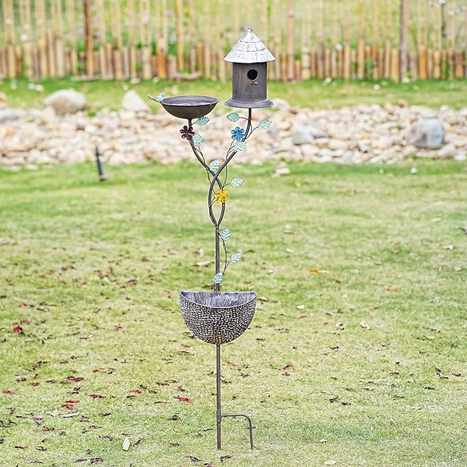 56.7” H Bird Baths for Outdoors, Metal Bird Bath Bird House and Planter Pot 3-in-1 Design, Birdbath and Bird Houses with Pole Stand for Outside Garden Yard Decor