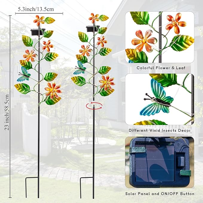 3 Pack Solar Garden Lights, Flower & Insect Metal Solar Stake Light, 23" H Outdoor Statues Figurine Lights for Garden Lawn Patio Yard Decoration