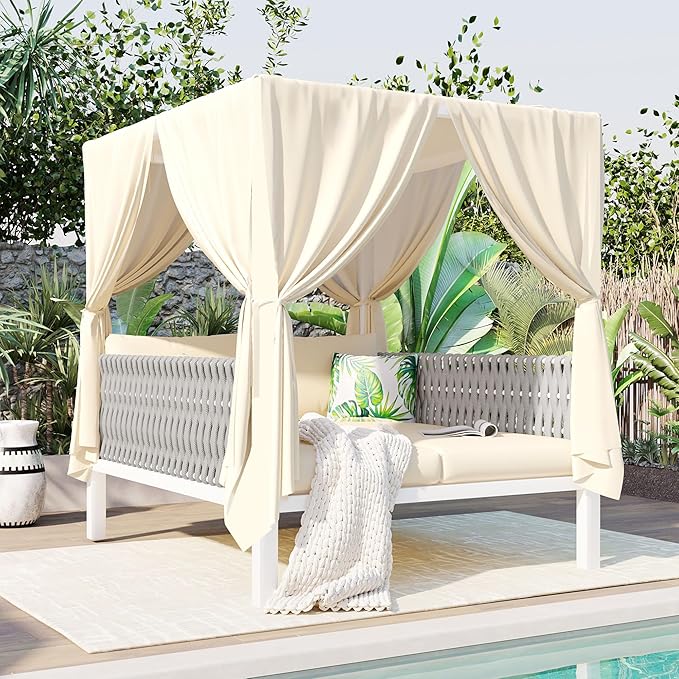 Polibi Outdoor Patio Sunbed with Beige Curtains,Outdoor Sun Lounger Bed with Pillows,Rubber Core Rope Weaving Outdoor Double Chaise Lounge Suitable for Pool,Garden,Beige