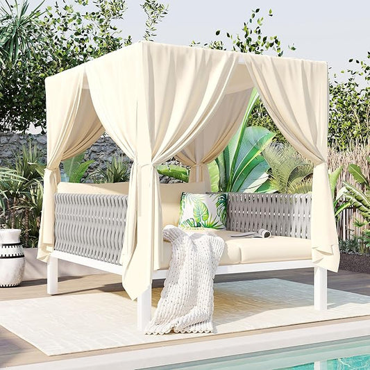Polibi Outdoor Patio Sunbed with Beige Curtains,Outdoor Sun Lounger Bed with Pillows,Rubber Core Rope Weaving Outdoor Double Chaise Lounge Suitable for Pool,Garden,Beige