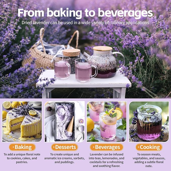 Dried Culinary Lavender Flowers - Food Grade Lavender Buds(4 oz), for Tea, Baking, Potpourri, Home Fragrance & Sachets, Edible Flowers - Gluten Free