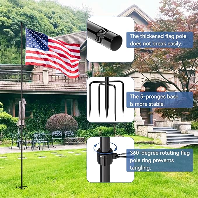 ZMTECH 10 FT Flag Pole in Ground, Heavy Duty Flag Pole Holder for Outside House with 5 Pronges Base, Extra Thick Flag Pole Kit for Yard Outdoor Garden Decor Residential Commerical(1 Pack,without Flag)