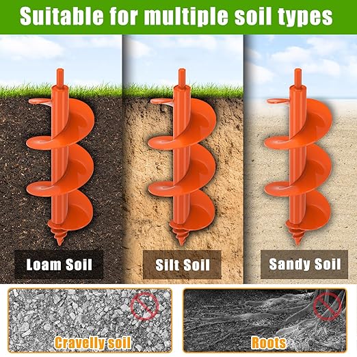 Threaded Auger Drill Bit for Post Hole Digger 4x12'', 3mm Thick Spiral Garden Earth Auger Bulb Drill Bit for Planting, Hole Digger for Fence Posts, Fits 3/8" Hex Drive Drill