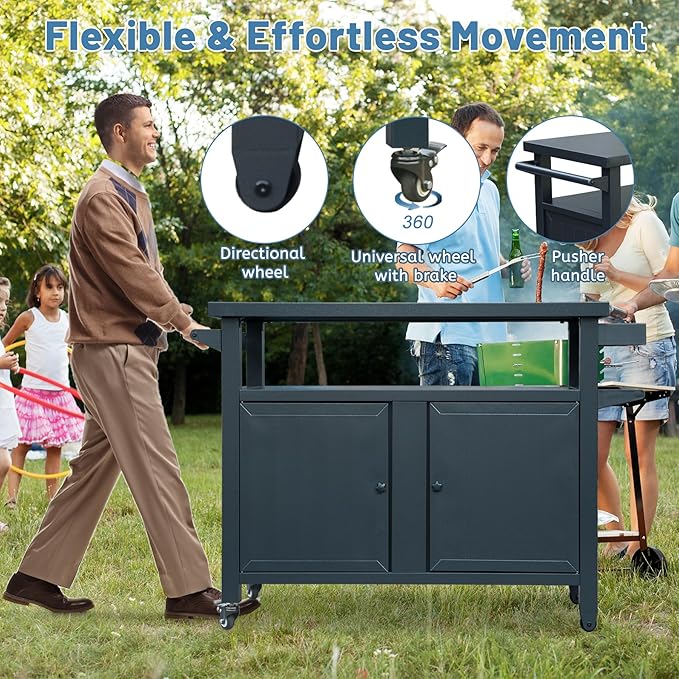 Grill Cart Outdoor with Storage Cabinet, Portable Rolling Patio Bar Cart with Wheels, BBQ Prep Table, Movable Stainless Steel Kitchen Island Dining Cart for Food/Drink/Cooking -Grey