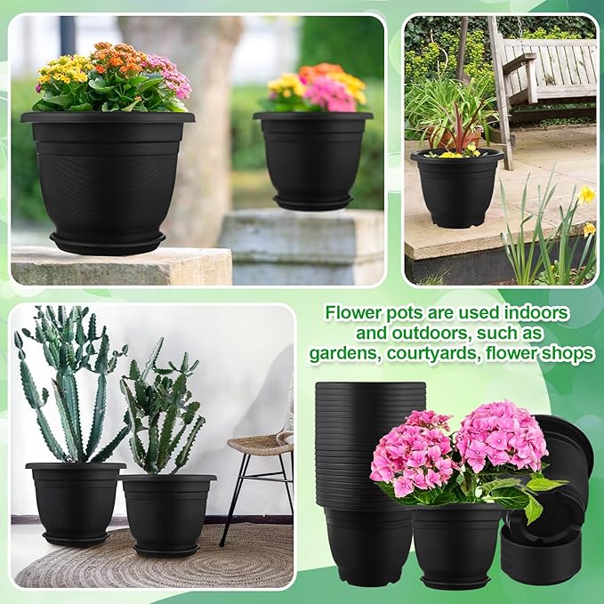 12 Pack 8+'' Plastic Plant Pots Round Planter Pots with Saucer Tray Seedling Pot Hole Seed Resin Plant Pot Starting Nursery Flower Container with Pallet for Garden Outdoor Indoor(Black)