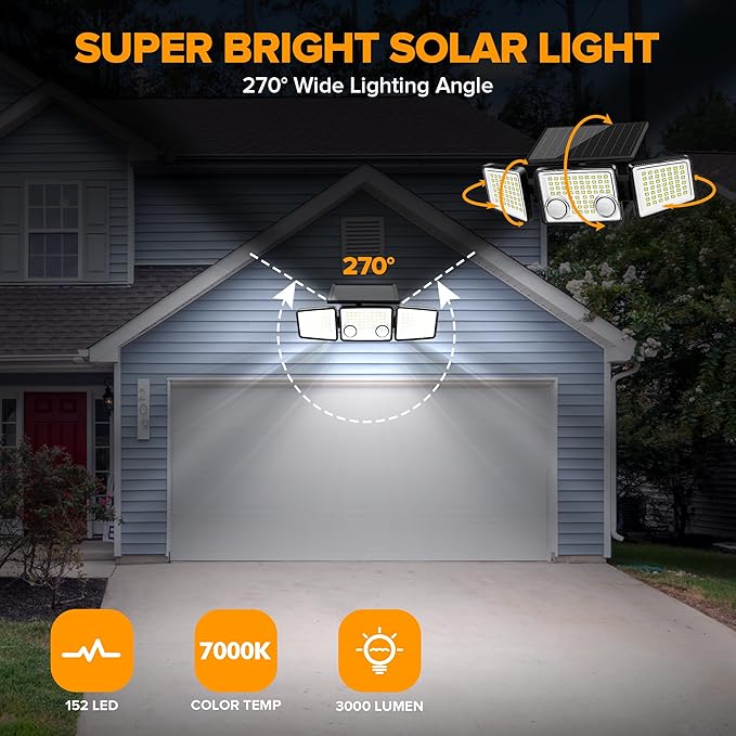 UME Solar Outdoor Lights 3000 Lumen 7000K, 152 LED Super Bright Motion Sensor Outdoor Lights with 2 Sensors, IP65 Waterproof 270 Wide Angle Solar Flood Lights with 3 Modes for Garden - 4 Pack