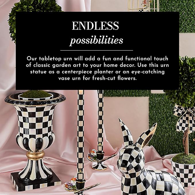 MACKENZIE-CHILDS Pedestal Tabletop Urn, Decorative Centerpiece for Table, Mantel, or Shelf, Tall, Gray-and-White Sterling Check