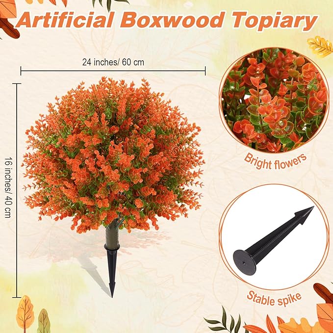 Yunlly 2 Pcs 18 Inch Fall Artificial Boxwood Ball Topiary Tree Outdoor Plants Bush, UV Resistance Faux Shrub with Spike Fall Porch Decor for Indoor Garden Yard Porch Patio Decor (Orange)