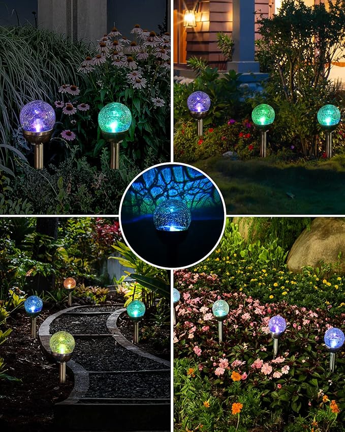 Solar Garden Lights Cracked Glass for Outdoor Waterproof Landscape Pathway Decorations 7 Colors Changing 6 Packs