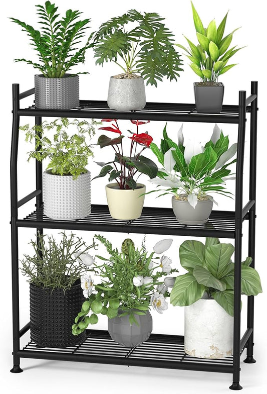 3-Tier Plant Stand Indoor Outdoor, Waterproof Metal Plant Shelf for Multiple Flower Planter Holder, Small Plant Stands for Patio Garden Living Room, Black