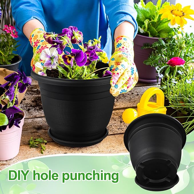12 Pack Plastic Plant Pots Round Planter Pots with Saucer Tray Seedling Pot Hole Seed Resin Plant Pot Starting Nursery Flower Container with Pallet for Garden Outdoor Indoor (Black,12'')