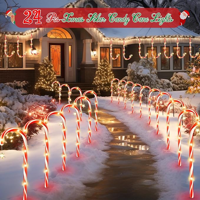 WdtPro Outdoor Christmas Decoration, 24 Pack 56FT Solar Powered 144 LED Bright Christmas Candy Cane Pathway Lights with Stakes, 10 Modes Waterproof Christmas Lights Outside Decorations for Yard Garden