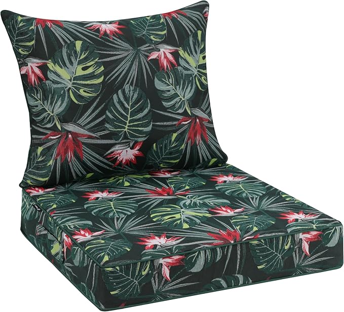 Favoyard Outdoor Seat Cushion 22 x 22 x 3 in Waterproof Pattern Fade Resistant Cover Removable Patio Furniture Cushions Deep Seat & Back Cushion Set with Adjustable Straps for Patio Chair Sofa Couch