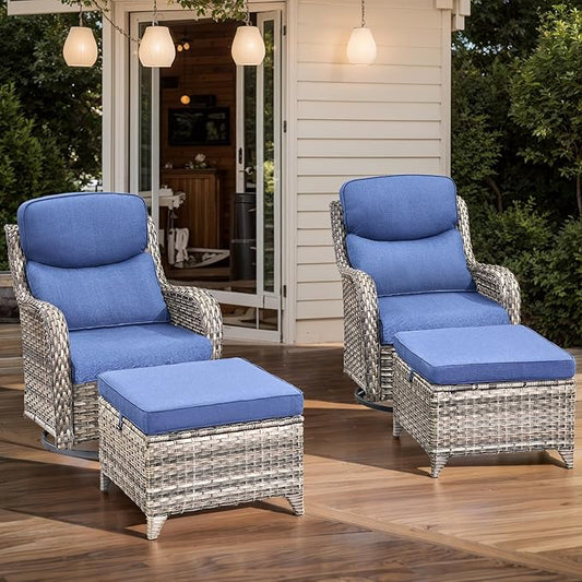 HUMMUH Wicker Patio Furniture High Back Swivel Rocker Patio Chairs Outdoor Bistro Set with Ottomans Side Table for Porch Garden Deck