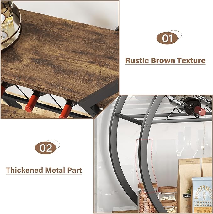 LVB Industrial Kitchen Bar Cart, Farmhouse Beverage Serving Liquor Cart with Wheels, Wood and Metal Rolling Wine Cart with Storage Shelf, Microwave Drink Cart for Home Living Dining Room, Rustic Brown