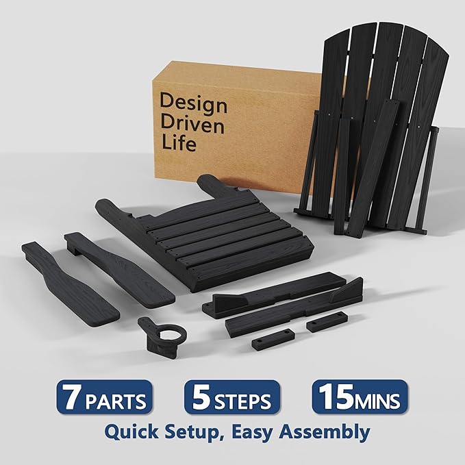 Folding Adirondack Chair Set of 4 with Cup Holder, HDPE All Weather Resistant Plastic Outdoor Patio Chairs, Heavy Duty Fire Pit Seating for Backyard Lawn Garden, Wooden Textured Design(Black)