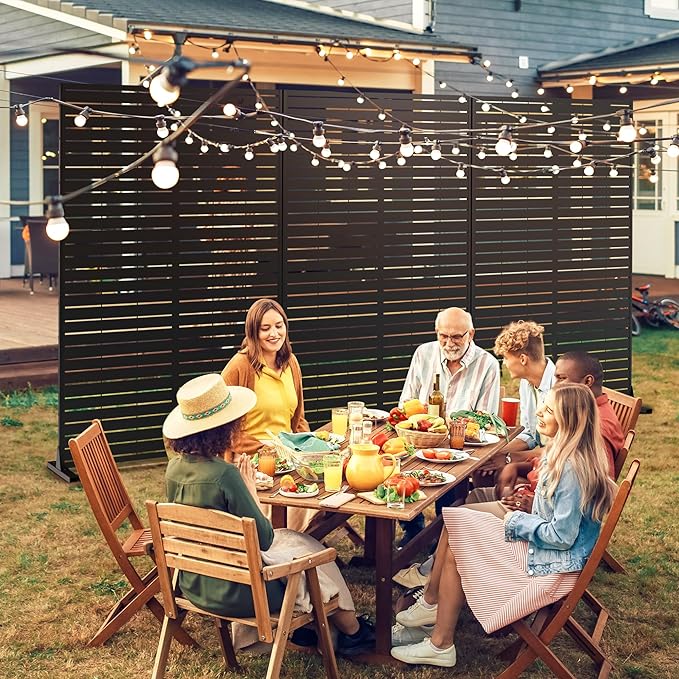 FENCY Metal Privacy Screen with Stand 72" H×44" W Outdoor Freestanding Privacy Panels, Outdoor Privacy Screen for Deck Patio Balcony(Black-Louvered)