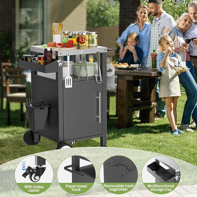Outdoor Grill Cart with Patio Furniture, Outdoor Grill Table with Storage,Rolling Bar Cart Outdoor BBQ Cart with Hooks and Spice Rack for Grilling Accessories(Single Door, Black)