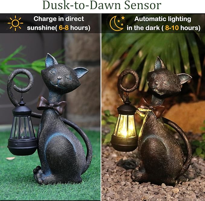 Whimsical Solar Cat Statue with Solar Lantern - Unique Outdoor Garden Decor for Patio, Balcony, and Yard Lights - Ideal Valentines Day Birthday Gifts for Mom, Grandma, Women, Men, and Cat Lovers