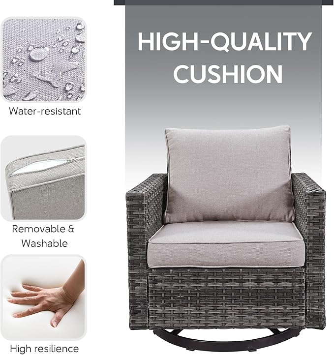 7 Piece Wicker Patio Furniture Set - Outdoor Swivel Rocker Chairs Set with Coffee Table, Side Table, 3 Seat Sofa & Ottomans, Small Patio Conversation Sets for Balcony Deck - Grey/Beige