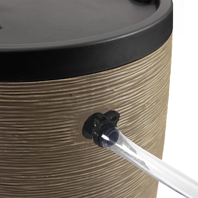 Newport 50‑Gallon Flat‑Back Rain Barrel with Stand & Planter Bundle – Sandstone | Removable Lid, UV-Stabilized Outdoor Water Storage