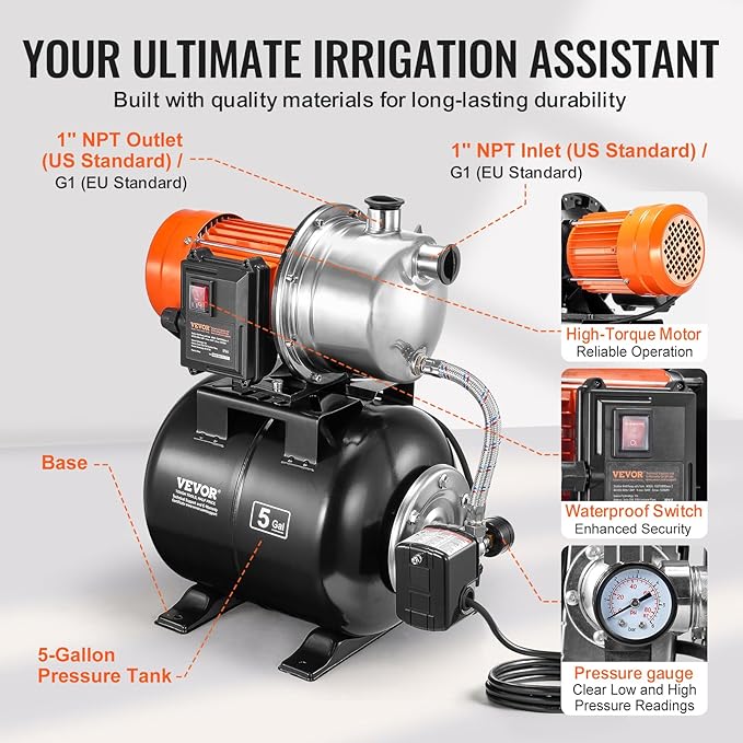VEVOR 1.6 HP Shallow Well Pump With Pressure Tank, 1320 GPH, Automatic Irrigation Water Booster, 5-Gal Tank 30/50 PSI Switch, Stainless Steel Head for Home Garden Lawn