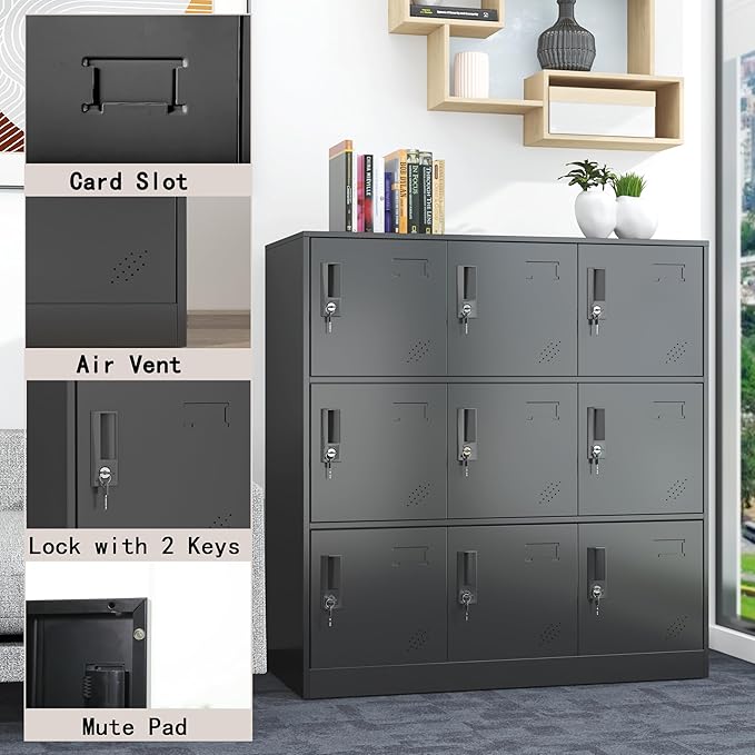9 Door Metal Storage Locker for Employee,School,Office,Gym,Garage,Locker Cabinet with Lock and Card Slot (9 Door, Black)