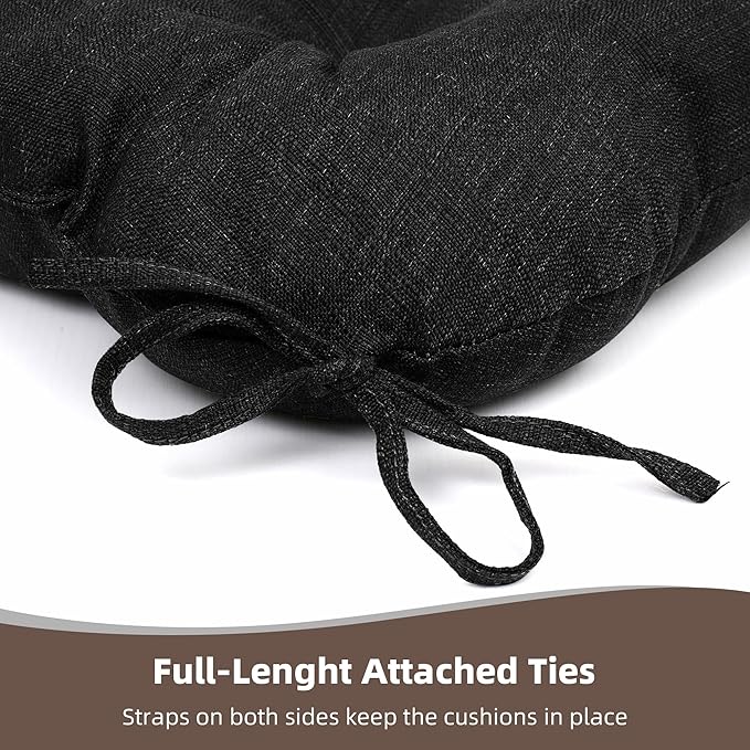 RACE LEAF Outdoor Cushions 17" x 17" Patio Chair Seat Pads, Set of 2 Thick Fill Tufted Square Patio Cushions, Water-Resistant Olefin Chair Seat Cushion with Ties for Non-Slip Support, Black