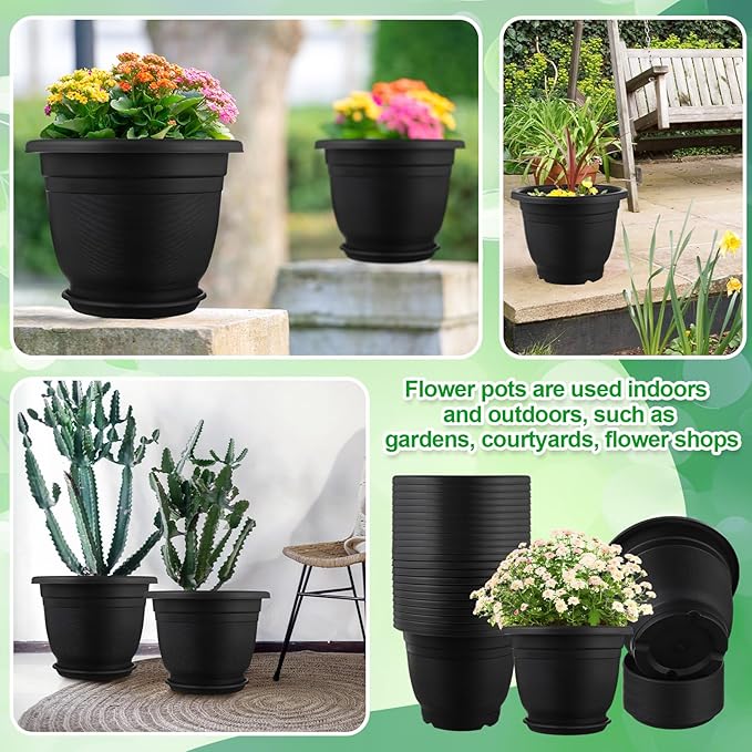 12 Pack 10'' Plastic Plant Pots Round Planter Pots with Saucer Tray Seedling Pot Hole Seed Resin Plant Pot Starting Nursery Flower Container with Pallet for Garden Outdoor Indoor(Black)