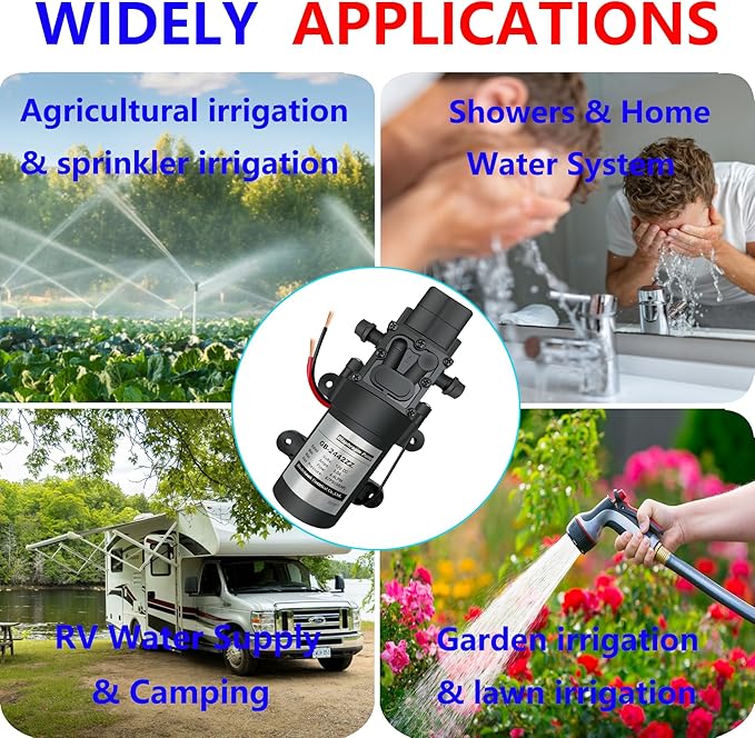 DC 12V Diaphragm Pump, Self-Priming Sprayer Pump, 1.2 GPM 87 PSI Pressure Switch Adjustable water pump, With 2 hose clamps, for RV Camping Shower Garden Irrigation