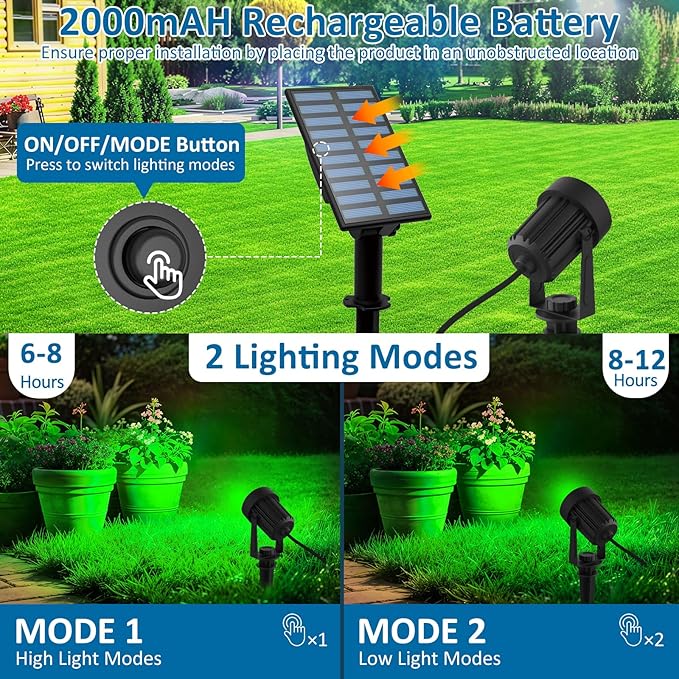 T-SUNUS Halloween Green Solar Spot Lights Garden Landscape Spotlights Outdoor IP65 Waterproof 9.8ft Cable Separated Panel 2 Modes Auto On/Off for Christmas Tree Pond Statue Graveyard St. Patrick's Day