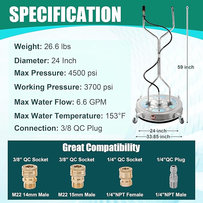 Tool Daily 24" Pressure Washer Surface Cleaner Attachment with Dual Handles, Stainless Steel Driveway Cleaner for Power Washer with Wheels, Pressure Wash Concrete, 4500 PSI