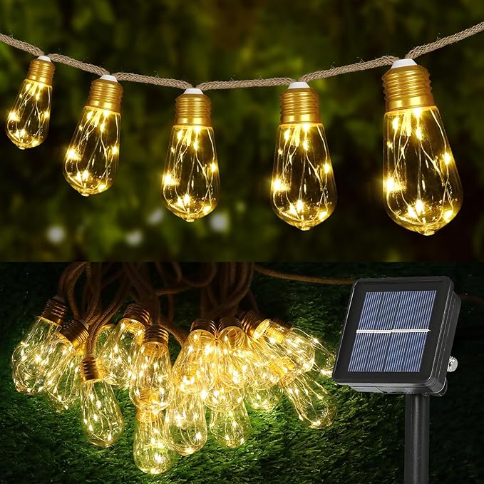 Solar Outdoor String Lights 24FT Vintage Rope Hemp Solar Lights with 20 Shatterproof Bulbs,8 Modes Solar Powered String Lights with Memory Function,Waterproof for Fence,Yard,Camping(Warm White)