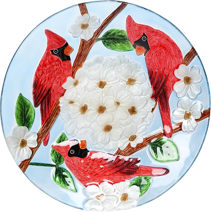 MUMTOP Outdoor Glass Birdbath with Metal Stand for Outside Yard Garden Decor, 18 inch Diameter Red Caridnals Bird Baths Bowl for Outdoors, 21.65 inch Height