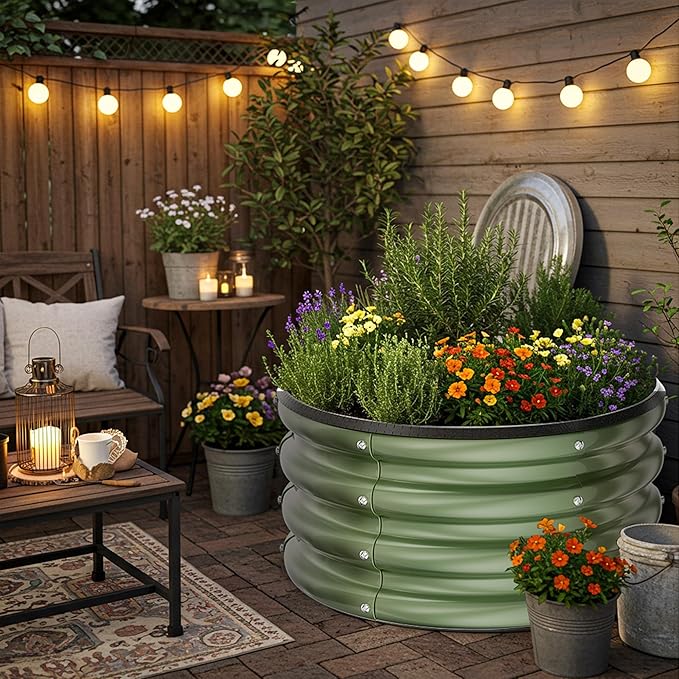 ZXZYHFTY Round Galvanized Raised Garden Bed kit,Green Outdoor Garden Raised Planter Box, Round Large Metal Raised Garden Beds for Vegetable 2 * 2 * 1ft 3 Pcs