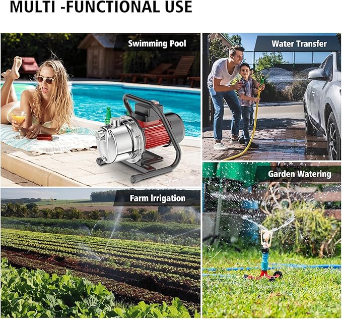 1.6HP Shallow Well Pump, 1300GPH Shallow, Portable water, for Garden Farm Irrigation Lawn, Sprinkler System, transfer pump Remove Standing Water, Landscape Fountain.