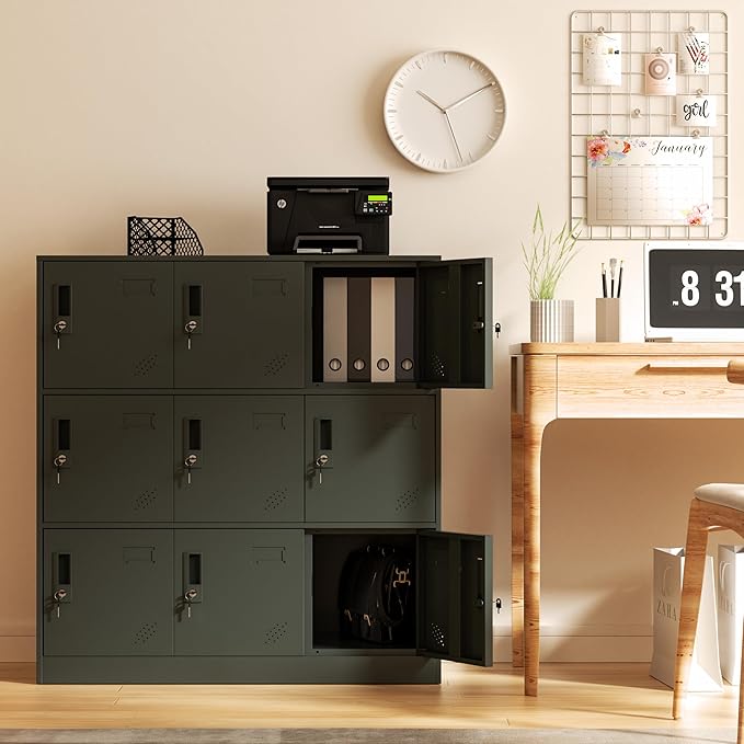 9 Doors Metal Lockers for Employees, Steel Storage Locker with Lock and Card Slot,Lockable Office Metal Storage for School Office Gym Bedroom,Garage (Black)