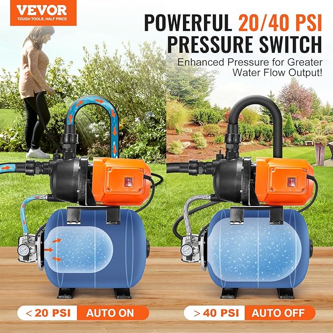 VEVOR 1 HP Shallow Well Pump with Pressure Tank, 1000 GPH/3700 L/H, Automatic Irrigation Water Booster Pump with 164 ft Lift 20/40 PSI Pressure Switch, Thermoplastic Pump Head for Home Garden Lawn