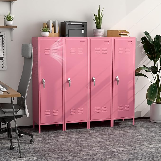 METAN Metal Storage Lockers with Handle Lock and 2 Adjustable Shelves,Office Storage Locker with Pegboards and Hooks,Assembly Required,Pink