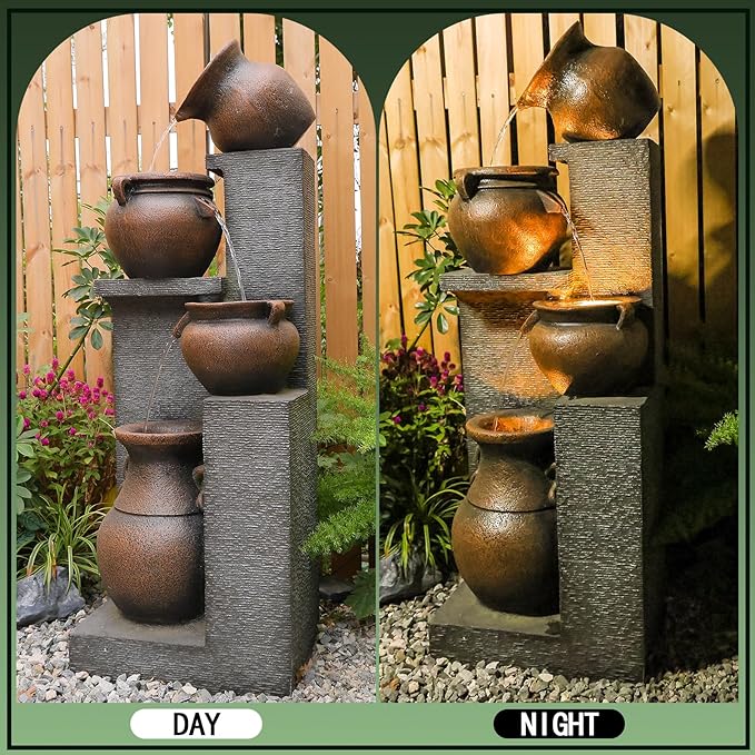 53" H Large Outdoor Water Fountain with Lights - 4 Tiered Cascading Bowls Waterfall Fountain for Garden, Patio, Backyard, Porch Inside - Freestanding Outdoor Water Feature Gold