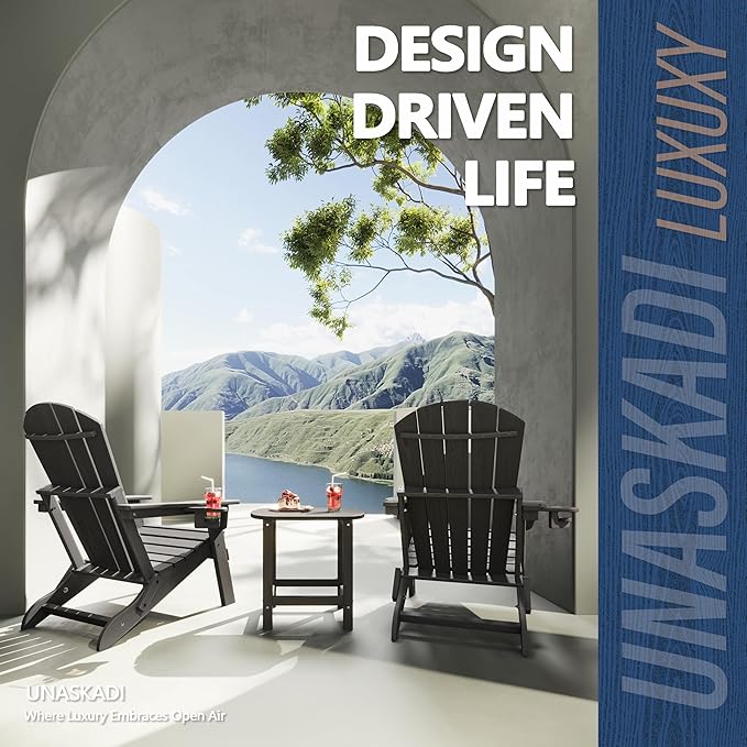 Folding Adirondack Chair Set of 2 with Cup Holder, HDPE All Weather Resistant Plastic Outdoor Patio Chairs, Heavy Duty Fire Pit Seating for Backyard Lawn Garden, Wooden Textured Design(Gray)