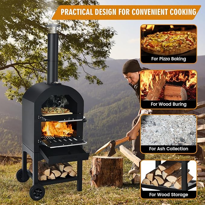Happygrill Outdoor Pizza Oven Wood Fired, Portable Pizza Maker Grill w/Stone, Peel, Cooking Grids, Built-in Thermometer, Waterproof Cover, Wheels for Barbecue Backyard Camping