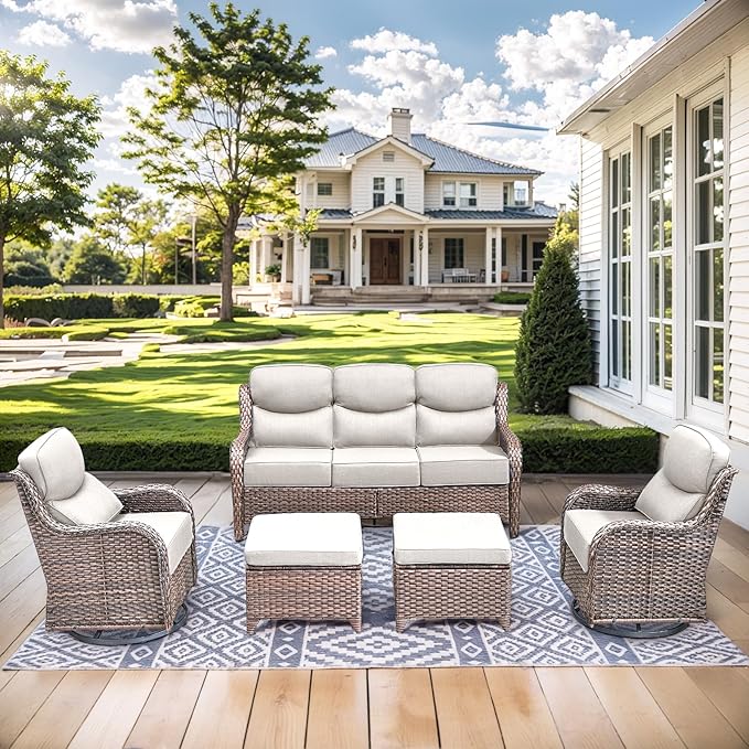 HUMMUH Wicker Patio Furniture Set 6 Inch Thick Cushion Outdoor Swivel Rocker Patio Chairs with Deep Seat Sofa 5PCS Outdoor Furniture Set for Porch Garden Deck