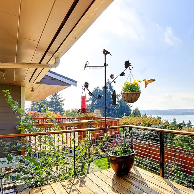 Urban Deco Deck Pole Porch Multi-Hook Bird Feeder Hooks for Deck Kit with Feeder Polyester and with 2 Adjustable Branches and Plastic Water Bowl