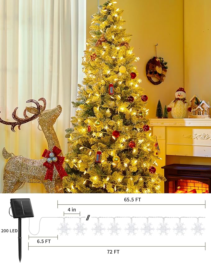 Brightown Solar Christmas Snowflake String Lights, 72FT 200 LED Outdoor Waterproof Fairy Lights with 8 Lighting Modes for Wedding, Party, Tree, Room, Garden, Patio, Yard, Home, Warm White